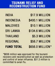 Graphic breaking down the Tsunami Relief and Reconstruction Fund: India $17.9 million, Indonesia $400.1 million, Maldives $10.1 million, Sri Lanka $134.6 million, Thailand $5.3 million, Regional $56.7 million, Fund total $656.0 million. Numbers do not total due to the not listed $31.3 million devoted to avian flu. 